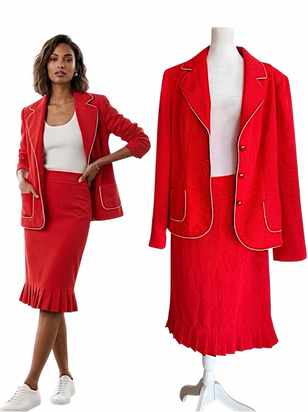 VTG Giorgio Sant Angelo Red Dotted Pinstripe Skirt Suit Set 16 Modern 14 16 XL